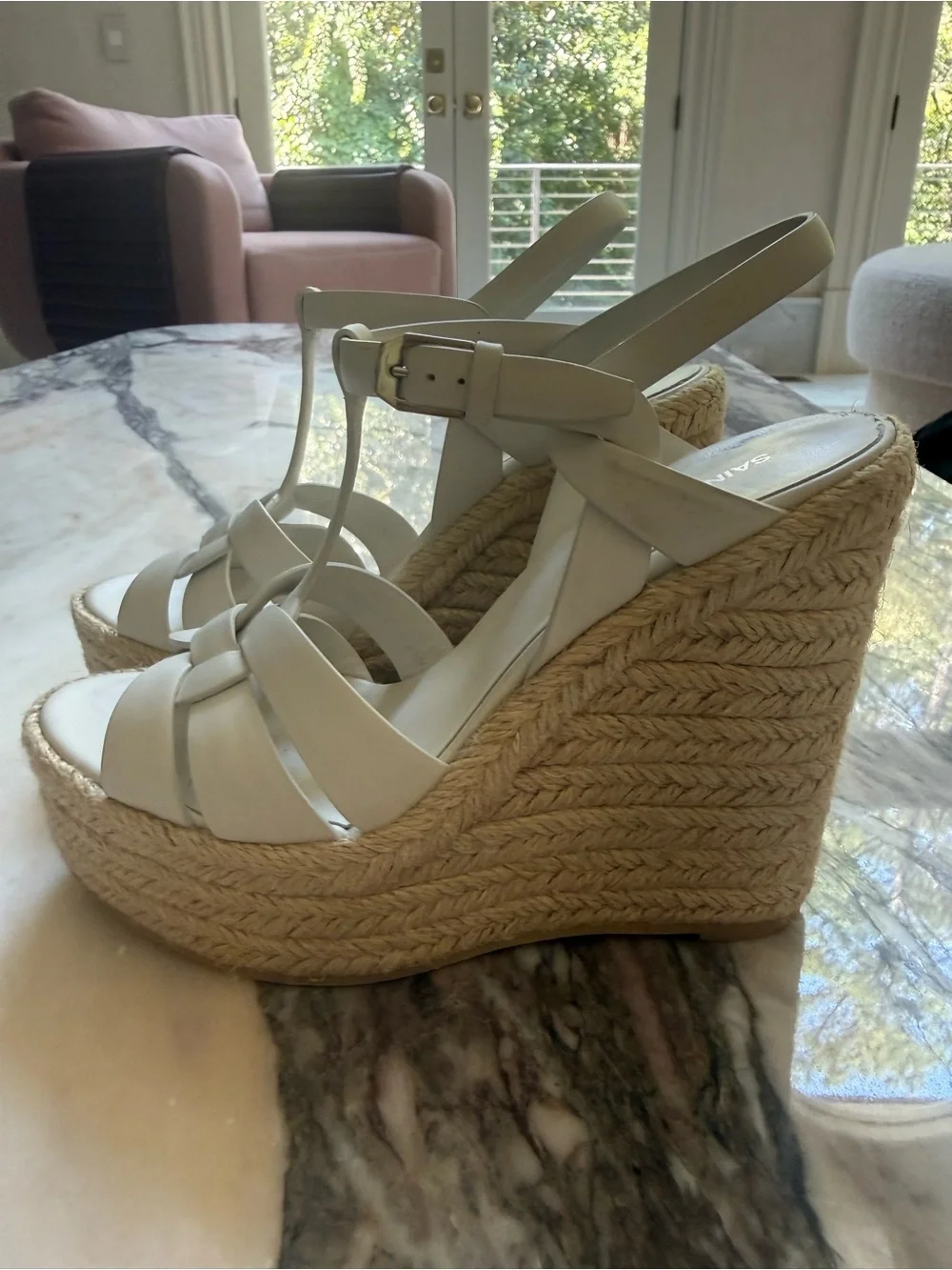 Saint Laurent Women’s Cream Wedge Espadrille Sandals - T-Strap Platform size 8